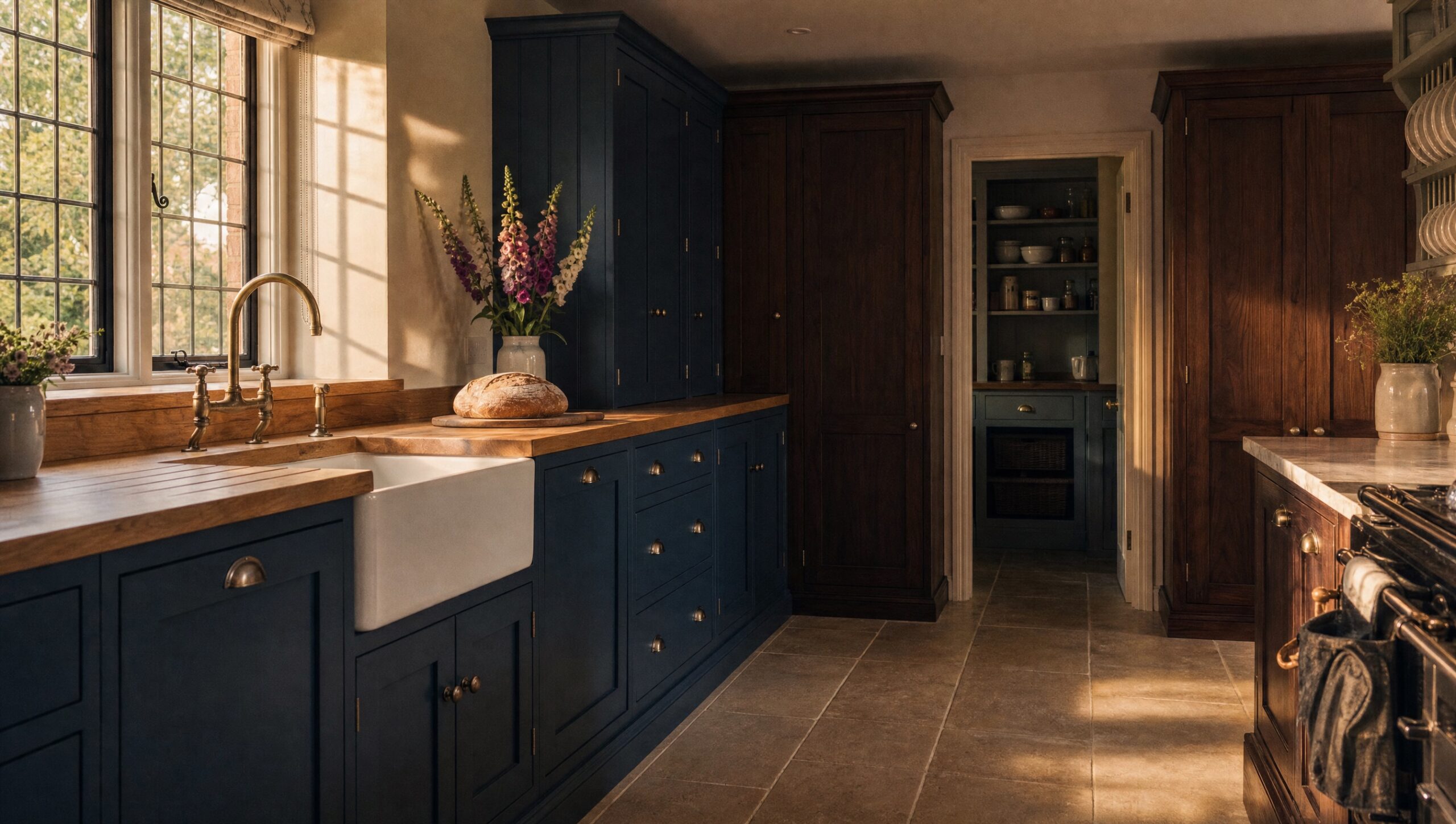 A blue painted in-frame kitchen under low evening light.