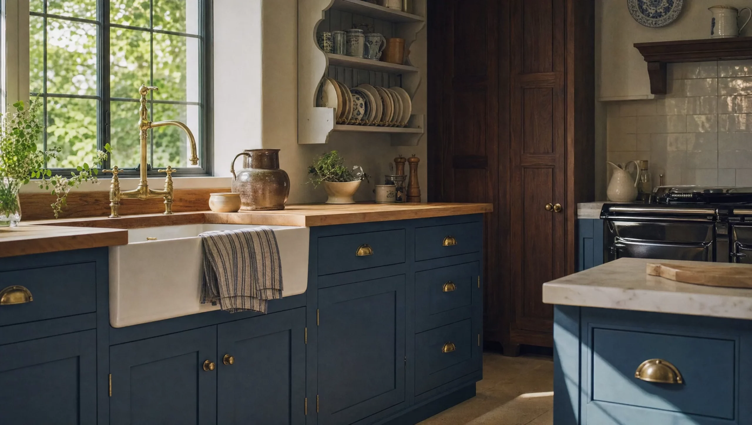 Aged brass cup handles and knobs on deep blue painted in-frame drawers, The Norfolk