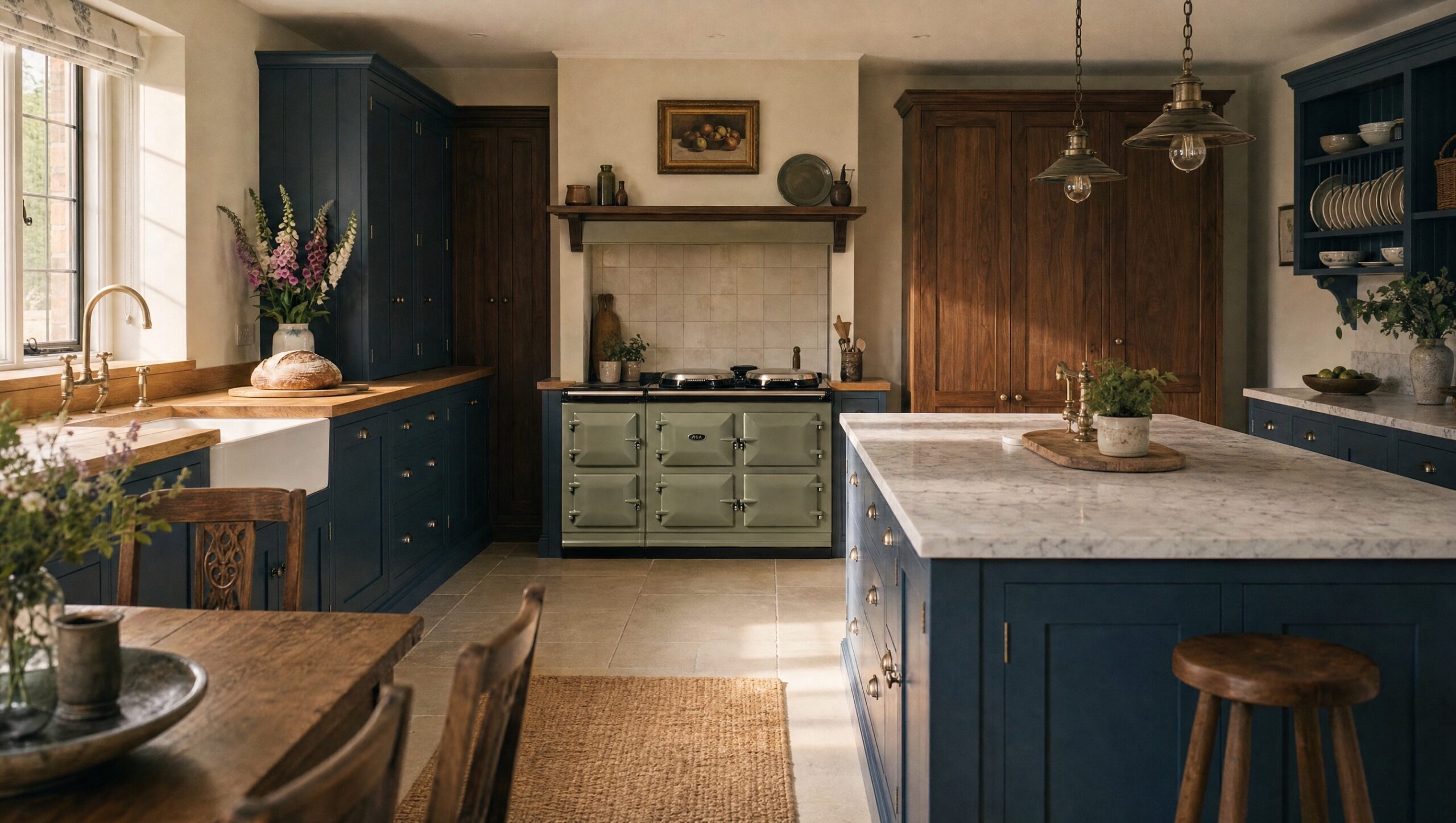 Deep blue painted in-frame cabinetry against unpainted oak, The Norfolk