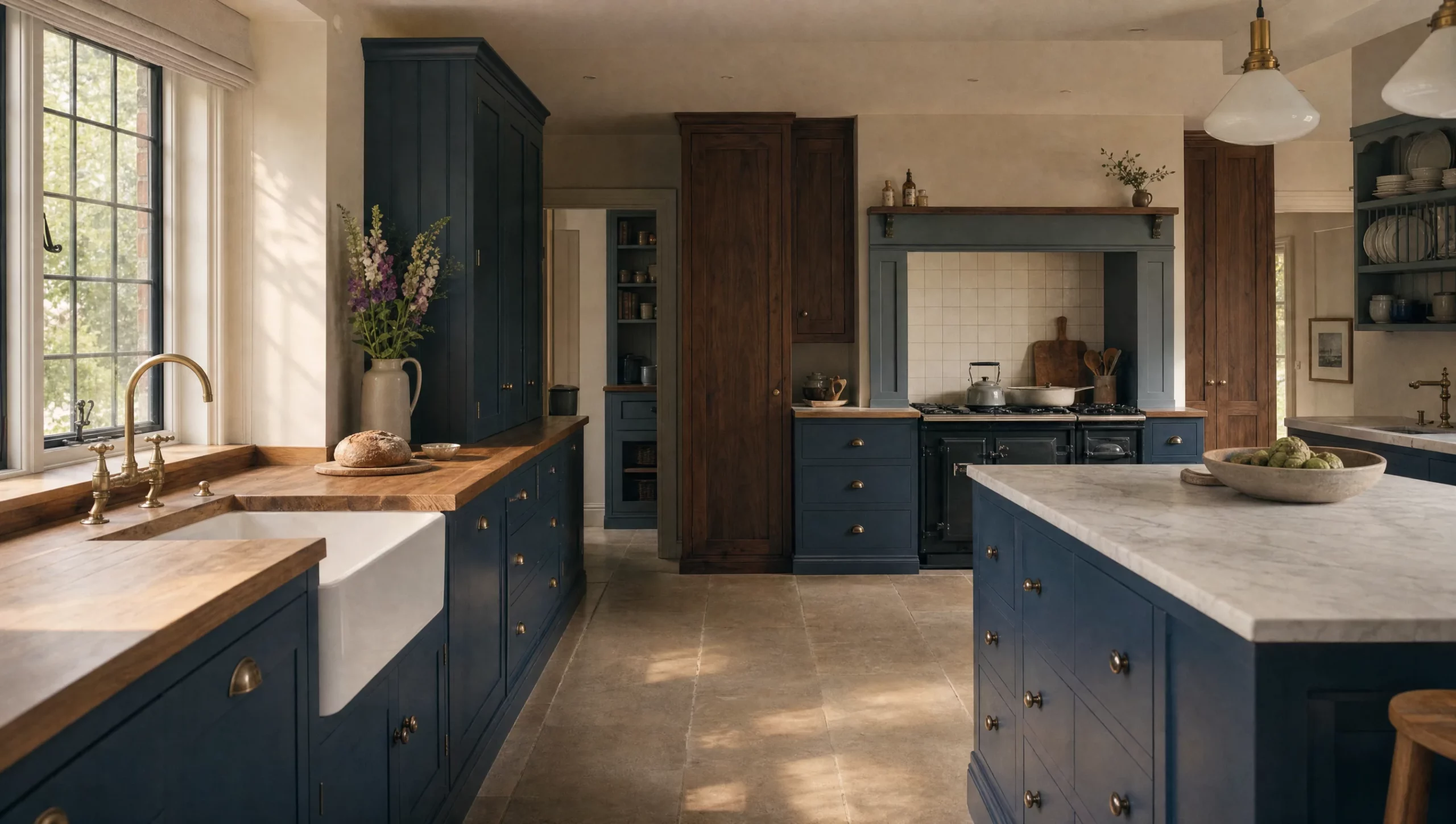 The Norfolk: deep blue painted in-frame cabinetry set against unpainted oak, with an oiled oak countertop and a stone island