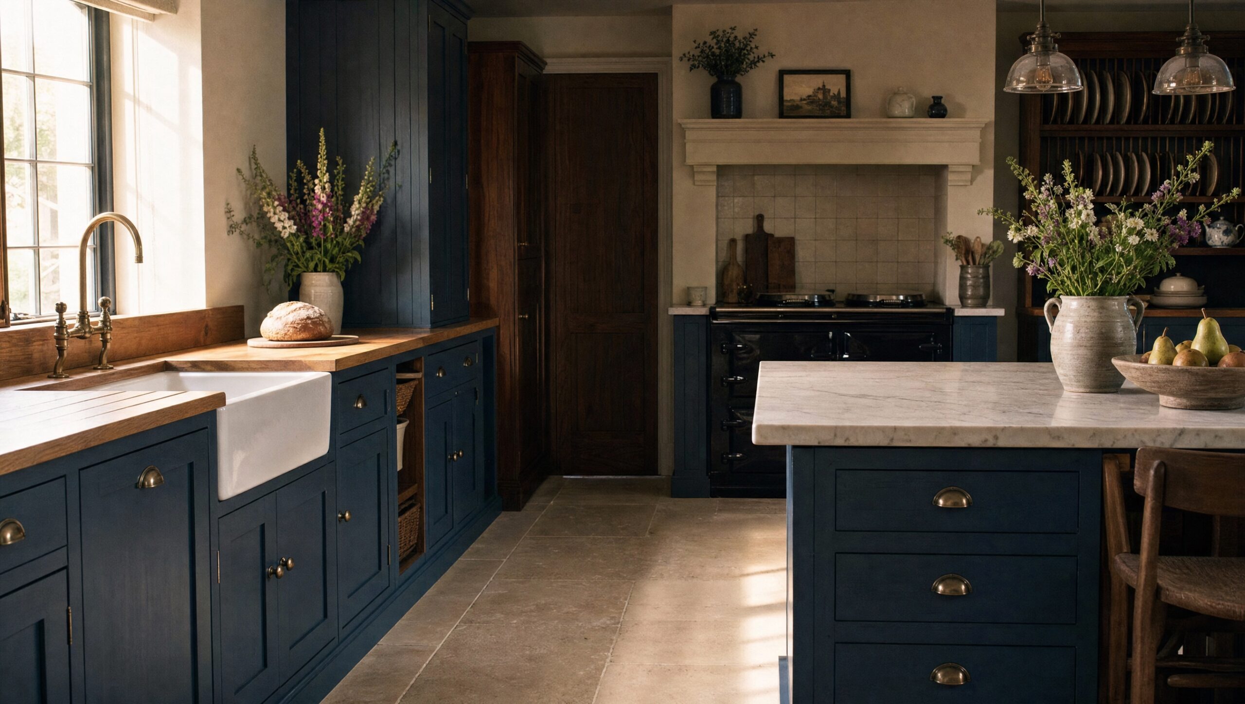 An island in a blue painted in-frame kitchen, with an oak countertop and a run of tall cupboards behind.