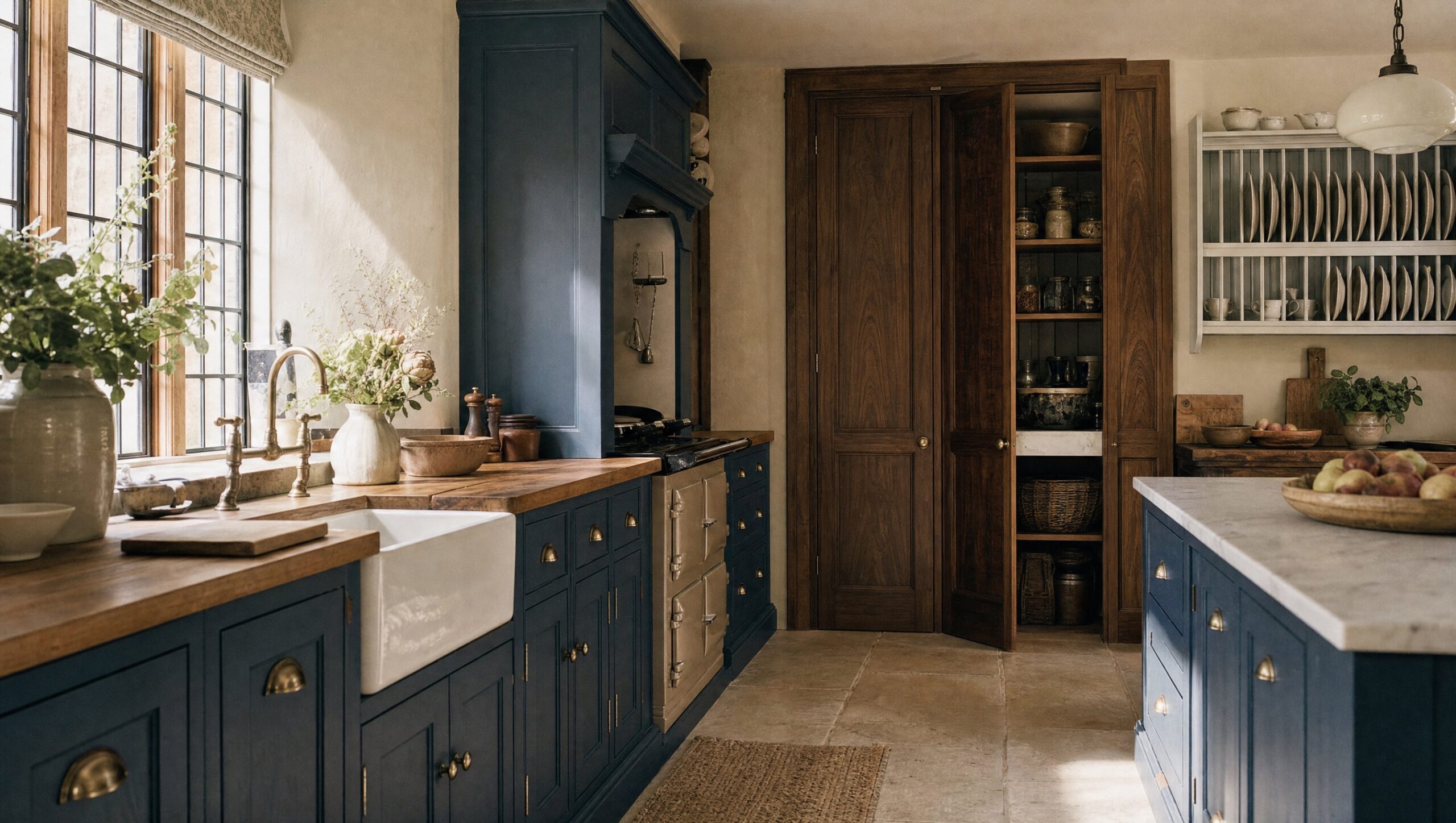 A hand-painted kitchen with a scullery, pantry and utility rooms in an Essex house