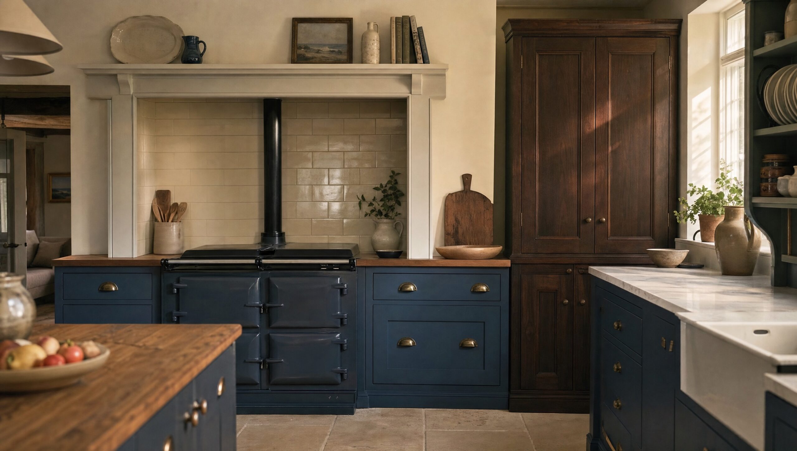 A range set into blue painted in-frame cabinetry with an oak countertop.