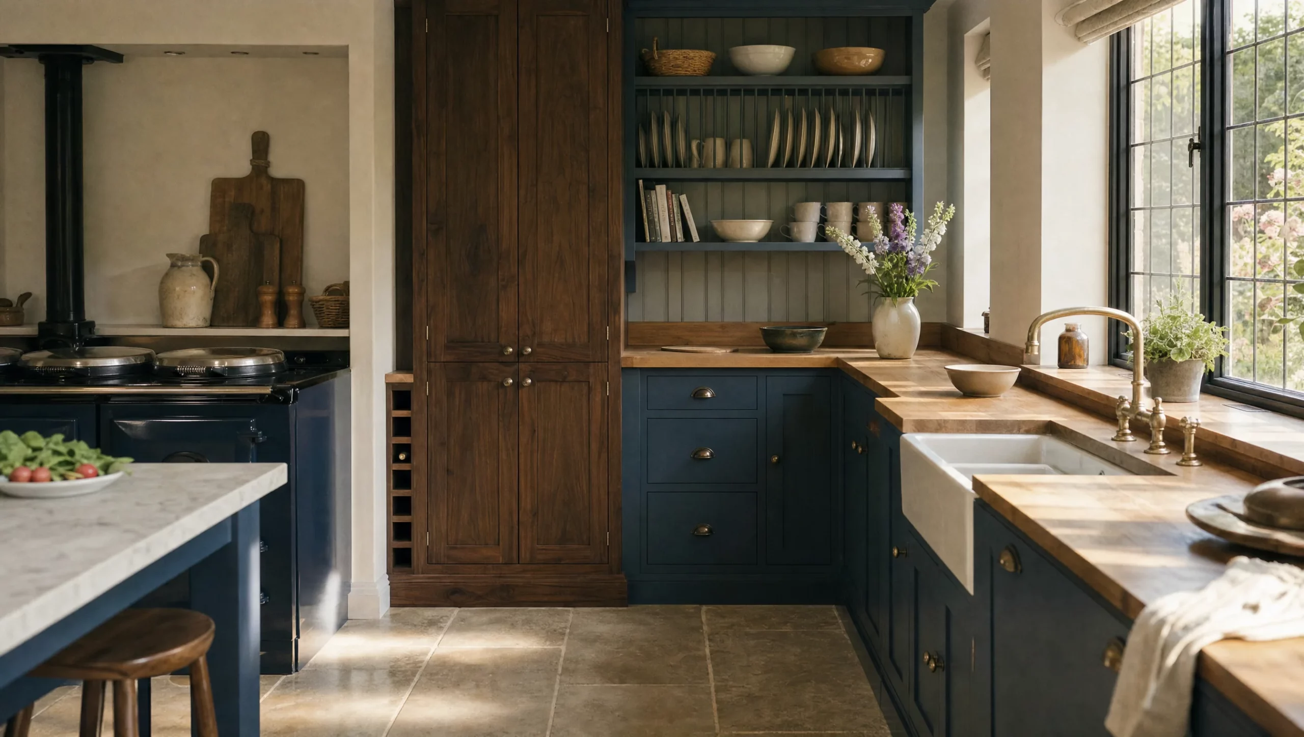 Open shelving and marble beside a leaded window, The Norfolk