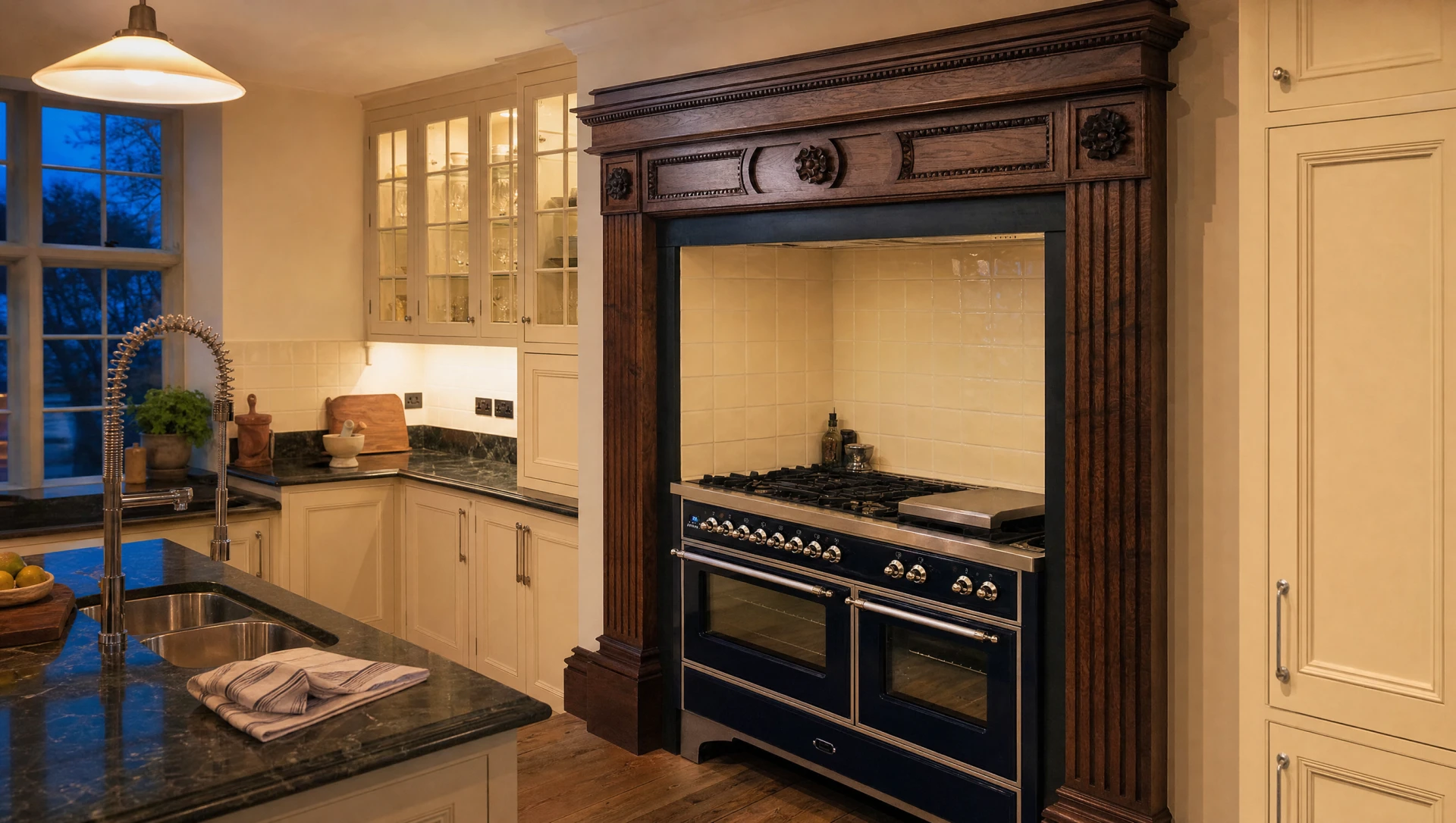 A carved chimneypiece over a black range in a cream in-frame kitchen, The Essex