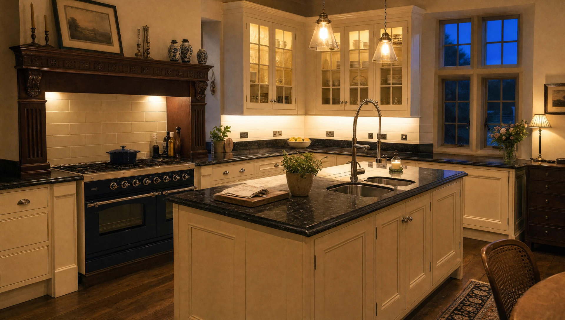 A cream in-frame kitchen under evening light, The Essex