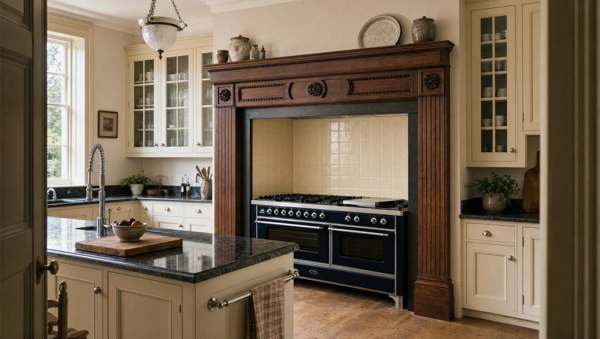A cream painted island under a dark granite top, with an inset sink and bridge faucet, against leaded windows