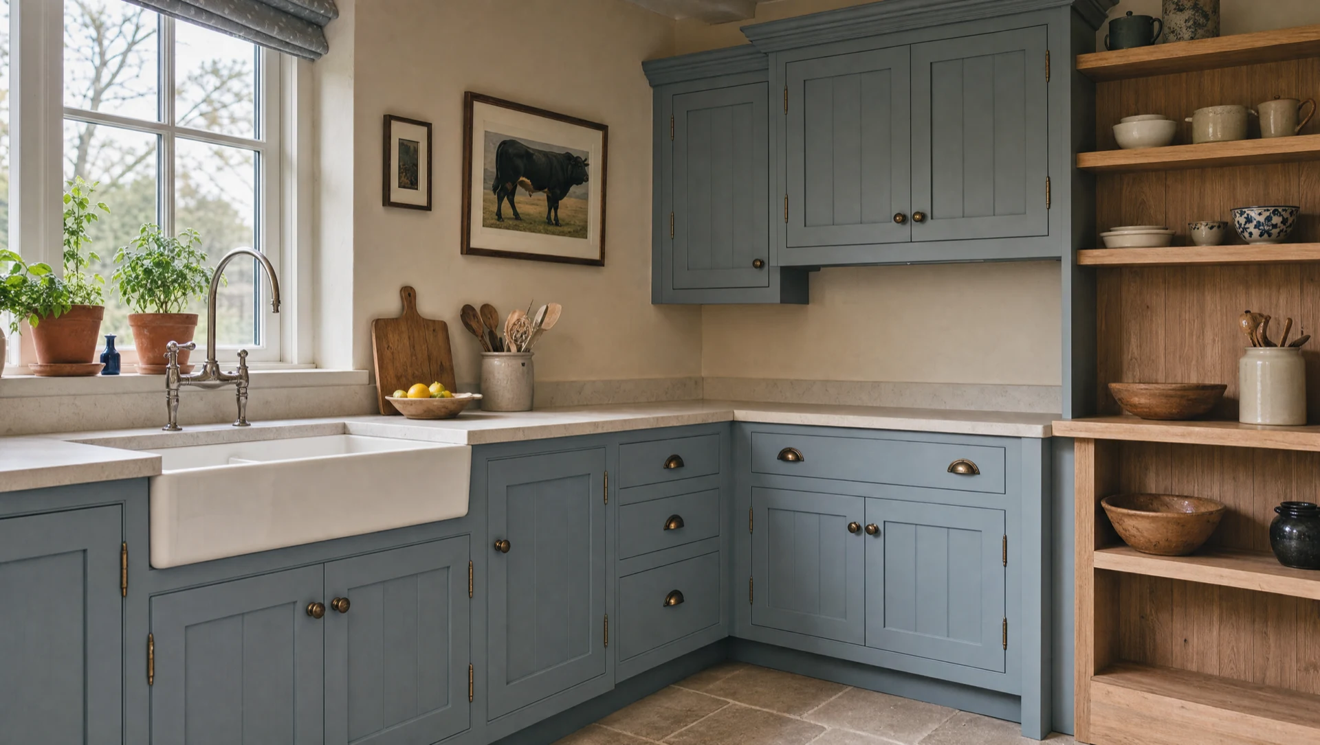 Open shelving in a painted corner, The Farmhouse