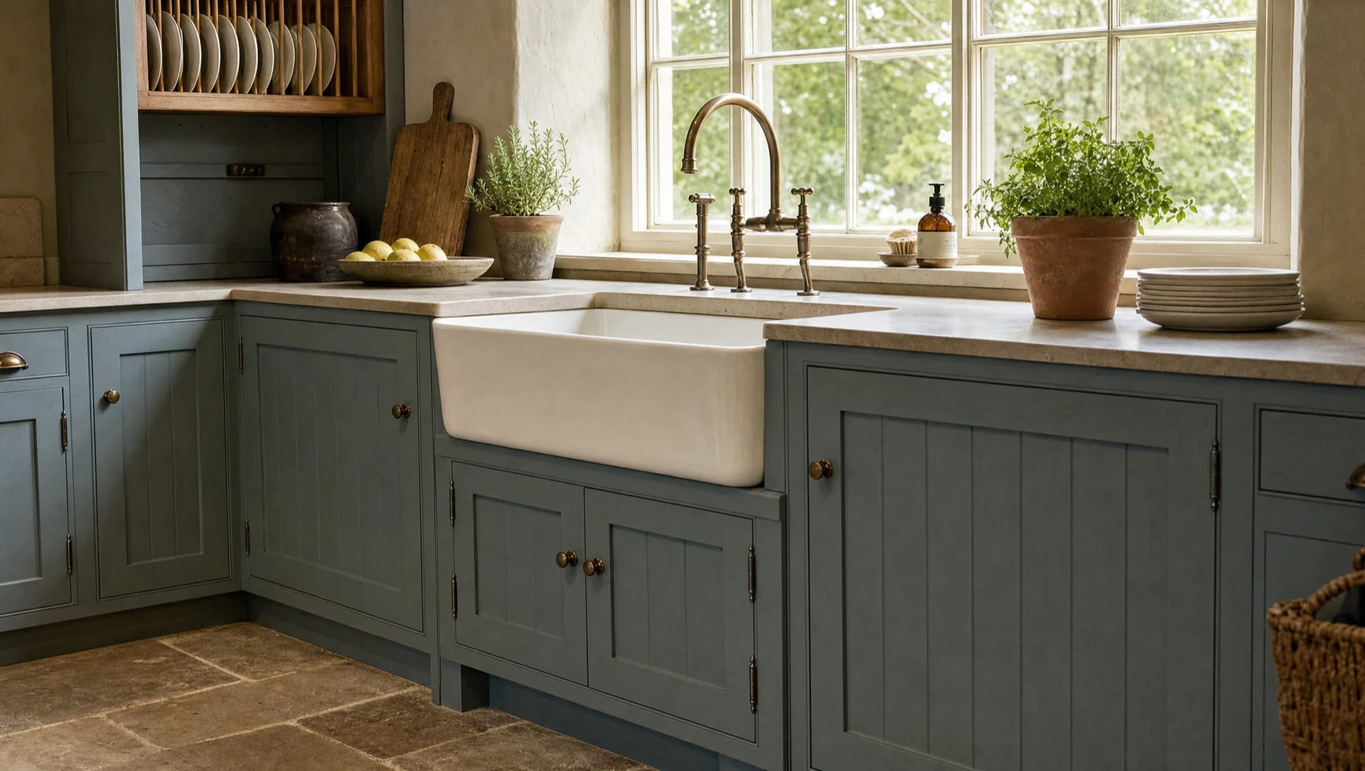 The same run seen wider, against pale blue walls with a framed painting and cream tiled backsplash