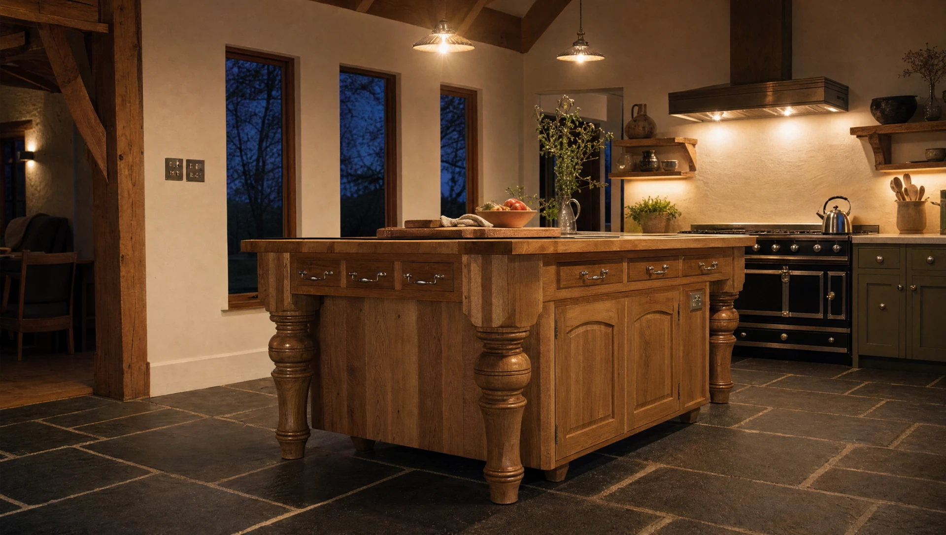 Freestanding oak kitchen furniture under evening light