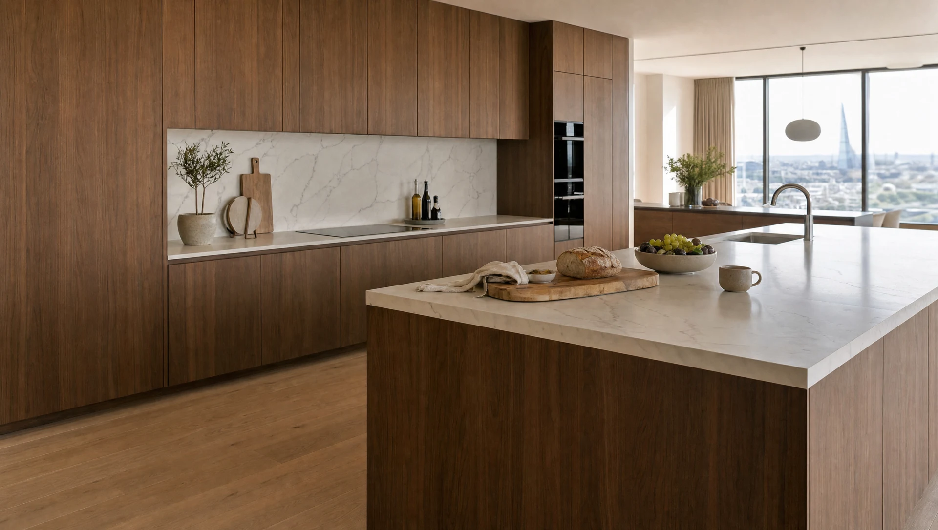 A sprayed handleless island in sequenced veneer, The Kensington