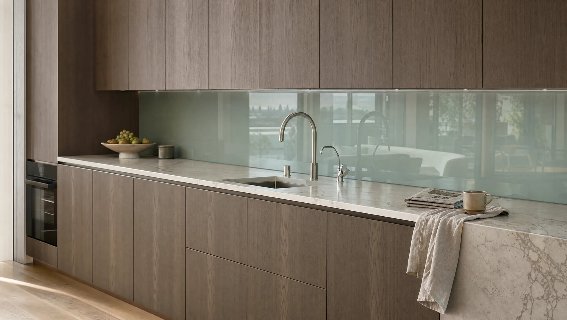 A sprayed handleless run with a stone splashback, The Kensington