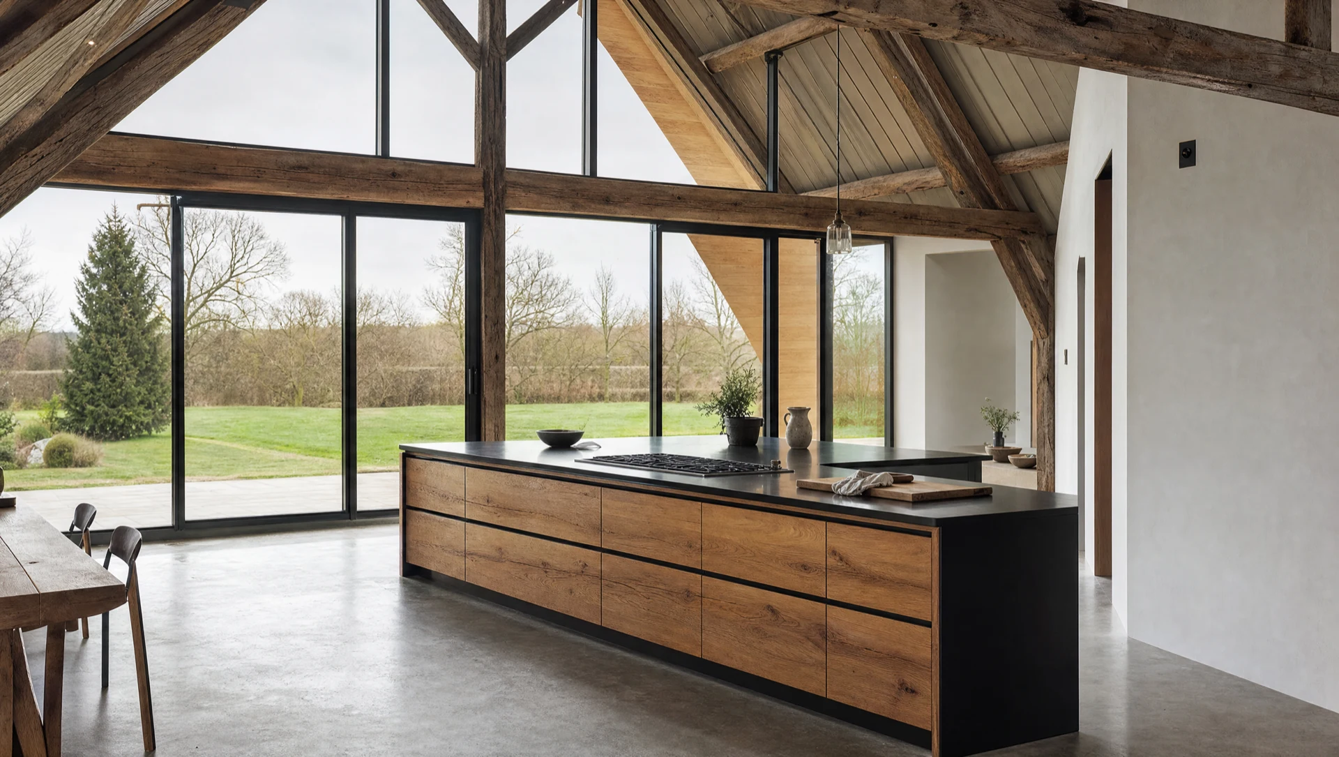 A tall cabinet in book-matched timber running floor to ceiling