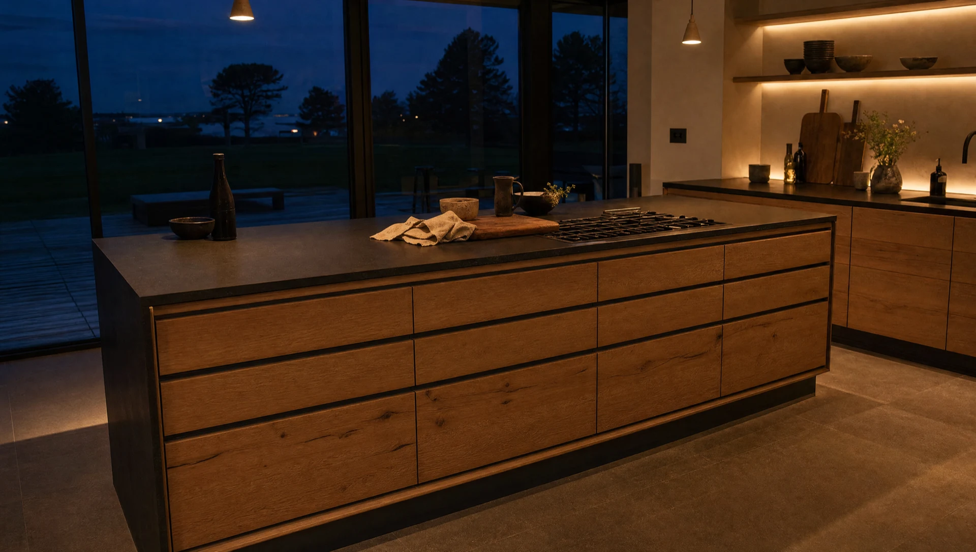 The open-plan room, the kitchen at the far end and the seating in the foreground