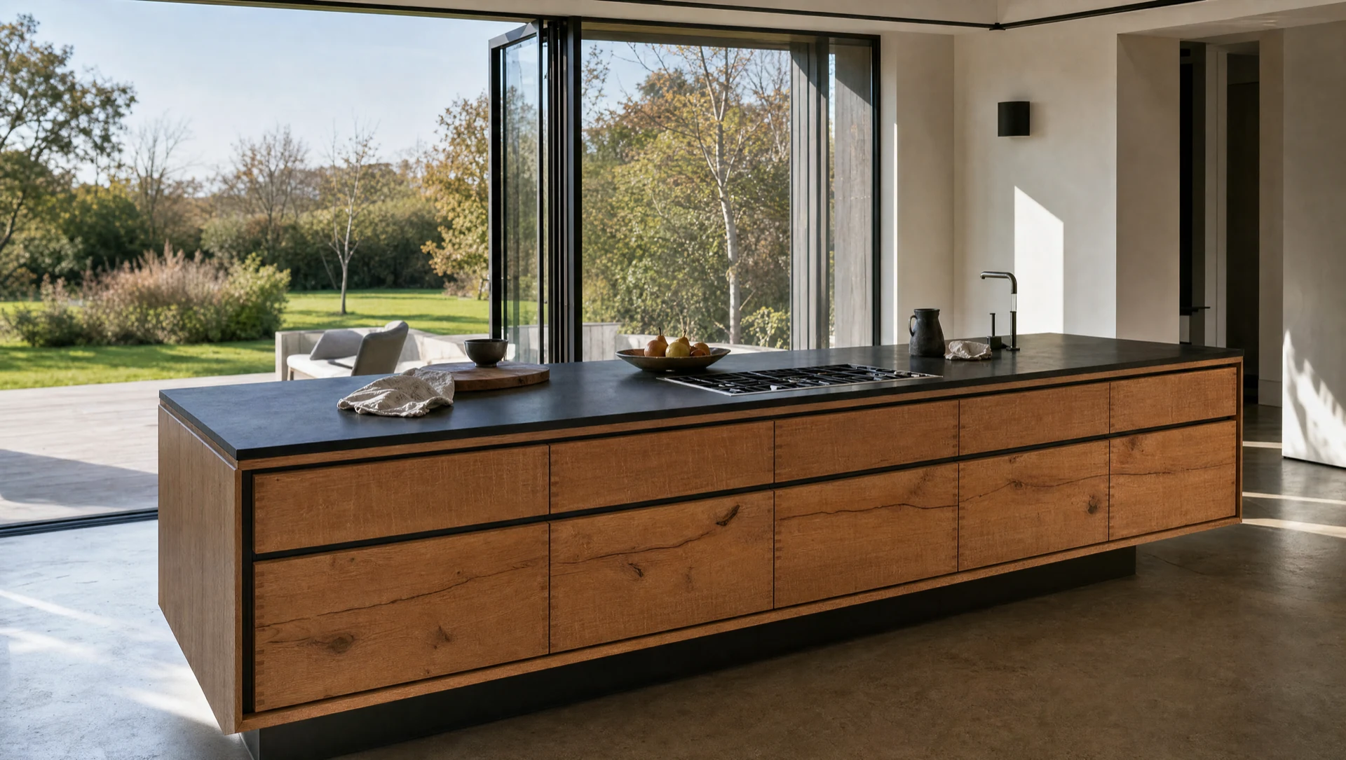 A handleless oak kitchen in a glazed extension, The Scandi