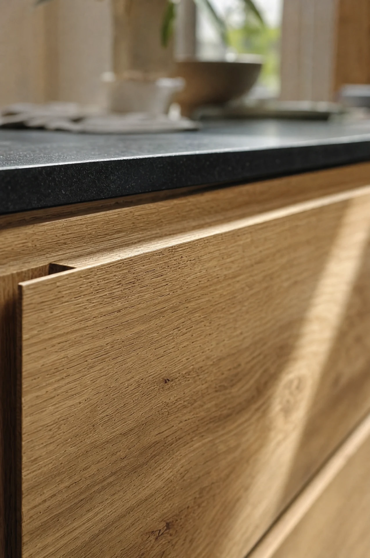 The shadow gap between the oak drawer fronts, close to
