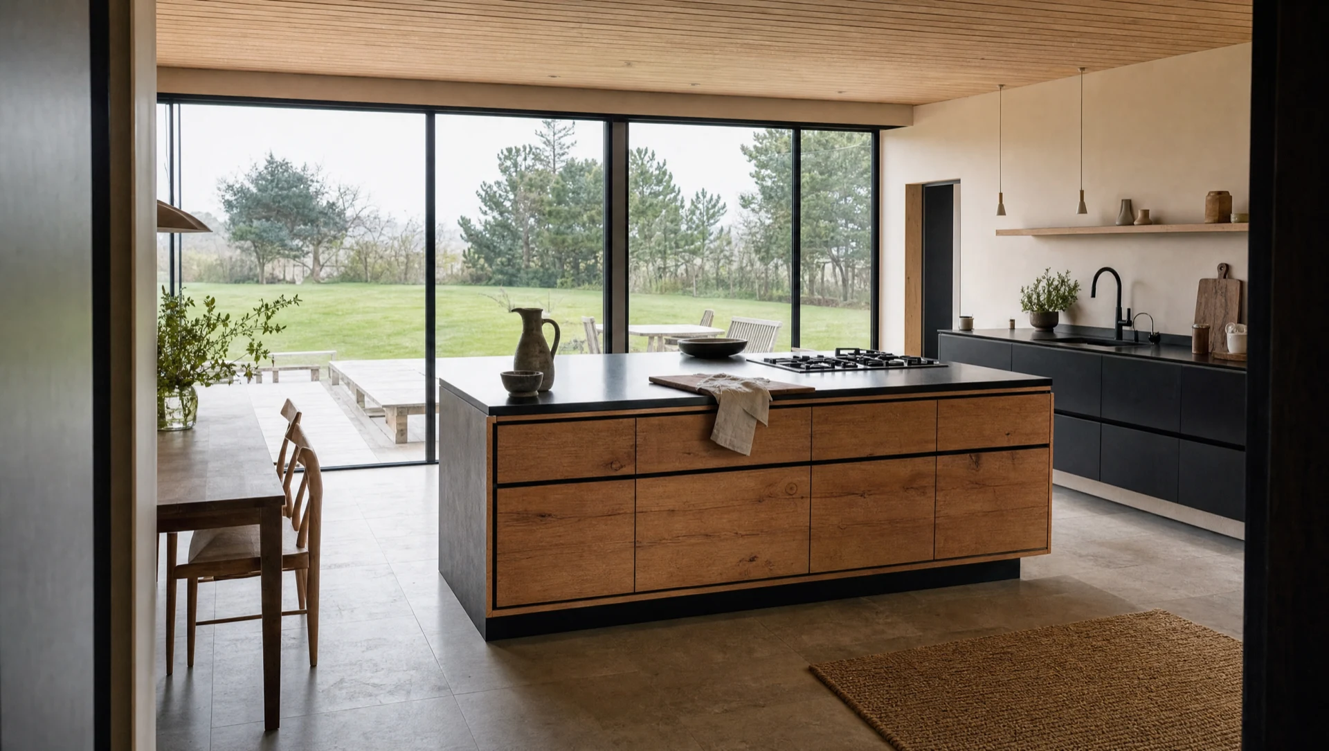 The Scandi — handleless character oak kitchen with matte black cabinetry, made in Suffolk