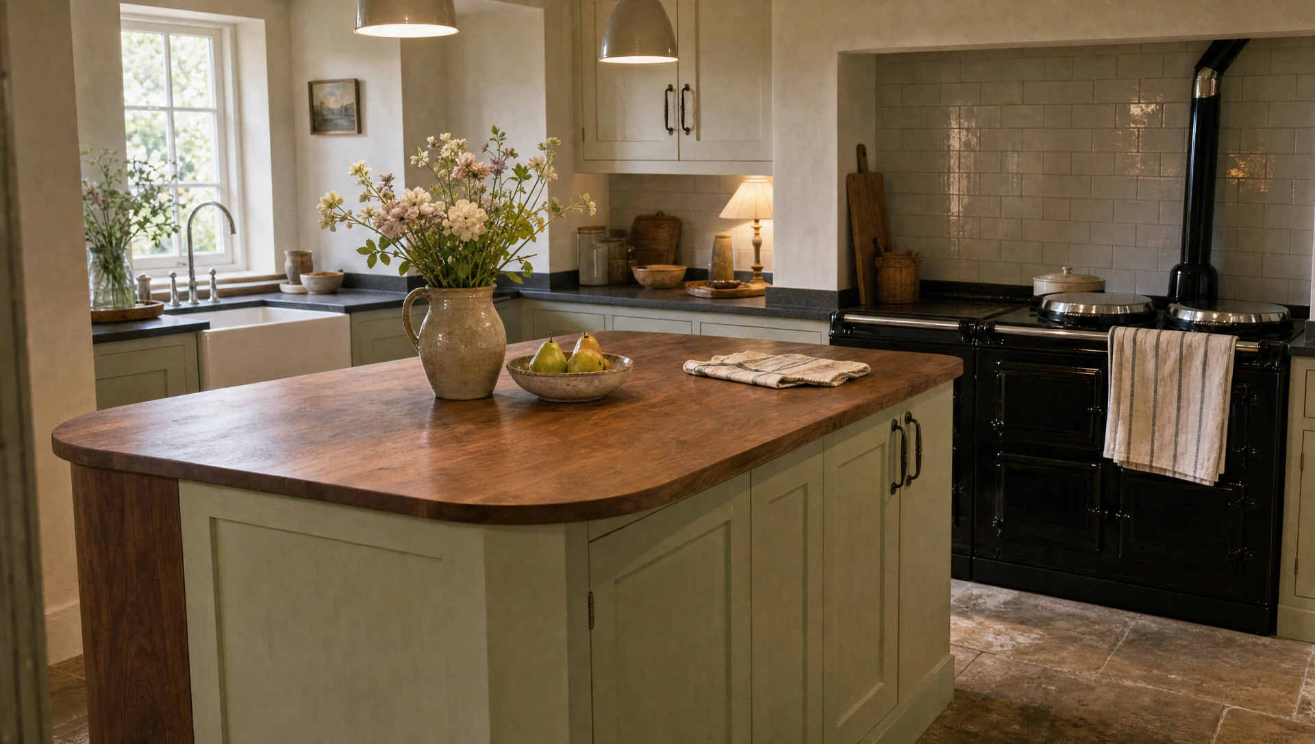 A hand-painted English kitchen island with a curved walnut end, made in Suffolk and installed in the United States
