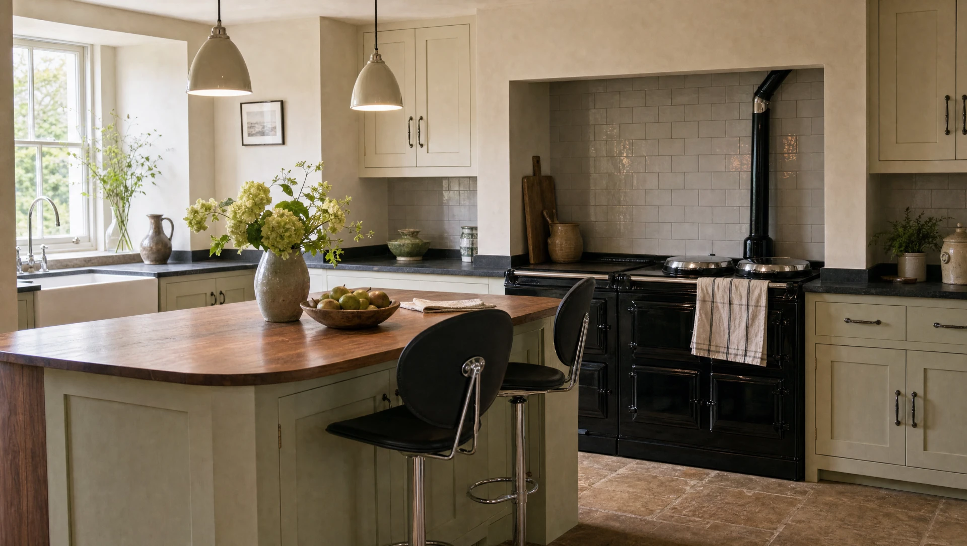 A black American-style refrigerator and a glazed wine cabinet built into a run of hand-painted in-frame cabinetry, with plinth lighting washing a dark tiled floor