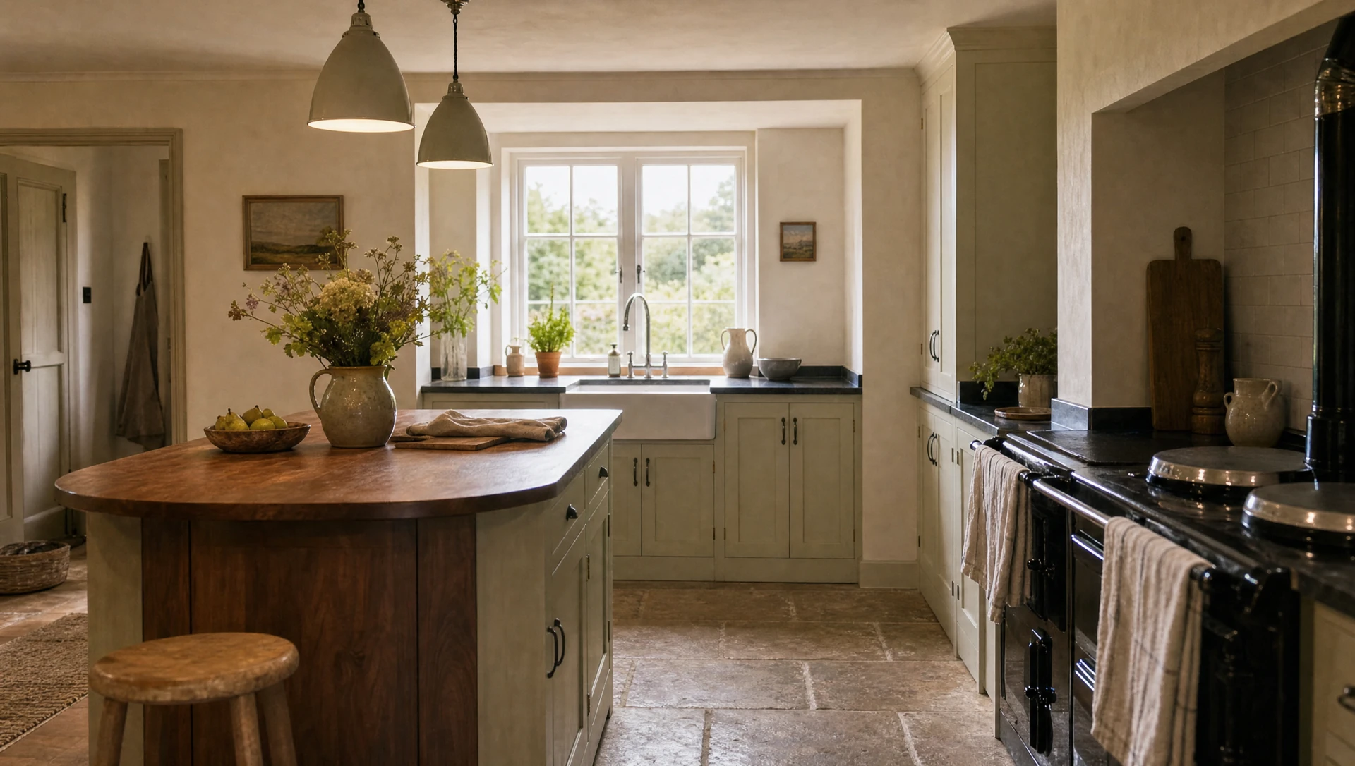 A painted in-frame kitchen with an island, bar stools and a range, seen down the length of the room in the evening.