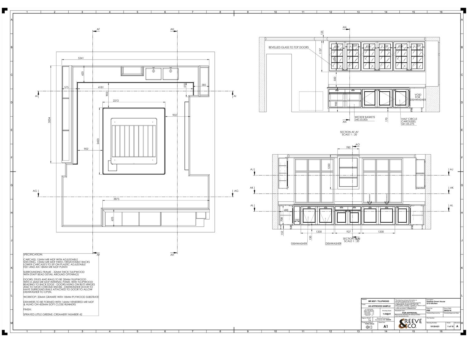 A dimensioned joinery drawing sheet prepared for an architect.