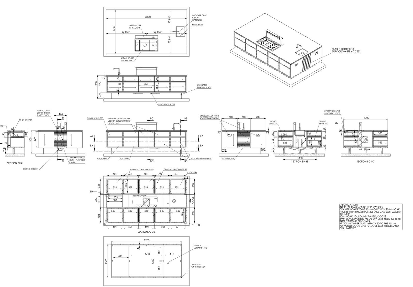 A corner run set out in plan, sections and isometric