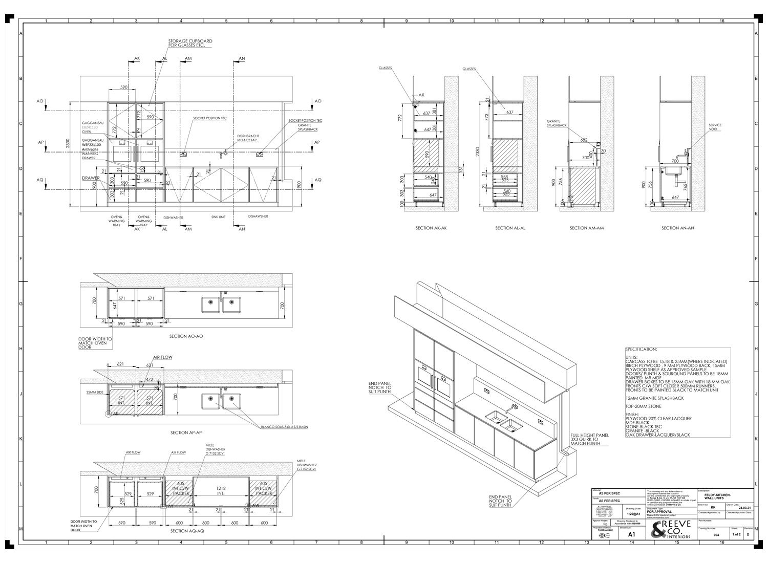 An elevation drawing for a handleless oak kitchen