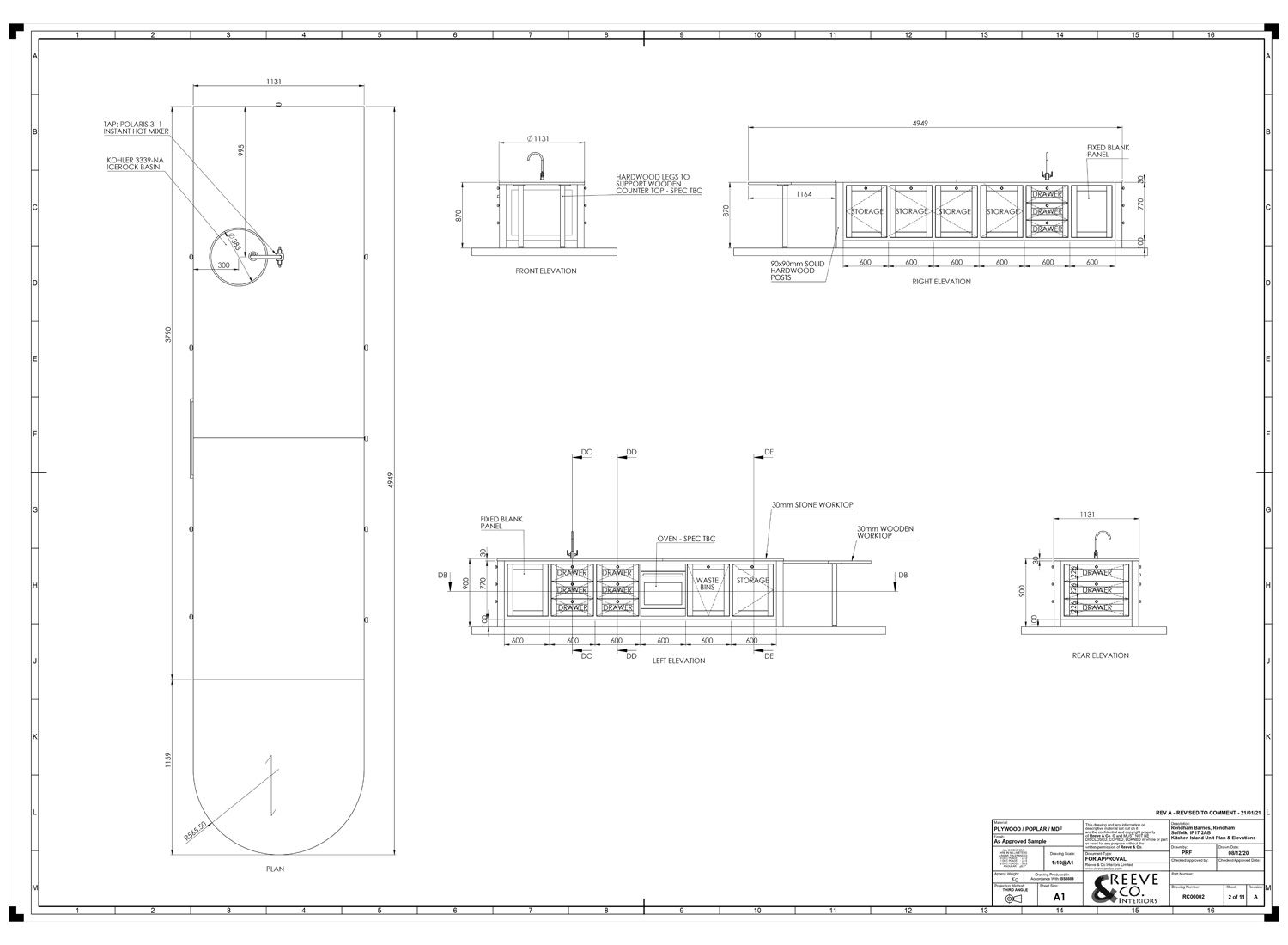 A kitchen elevation drawing showing bespoke cabinet proportions