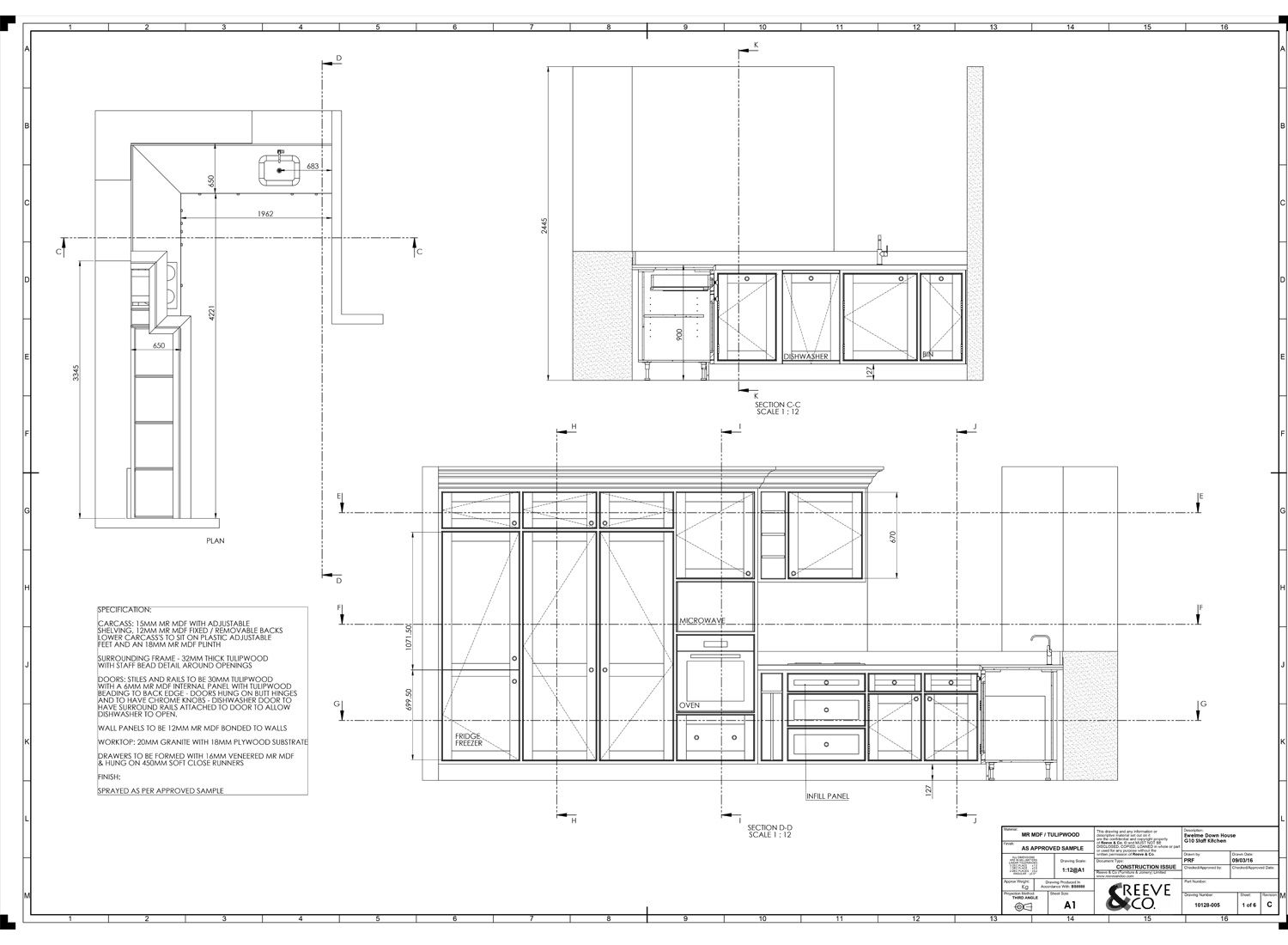 A hand-drawn bespoke Shaker kitchen design drawing