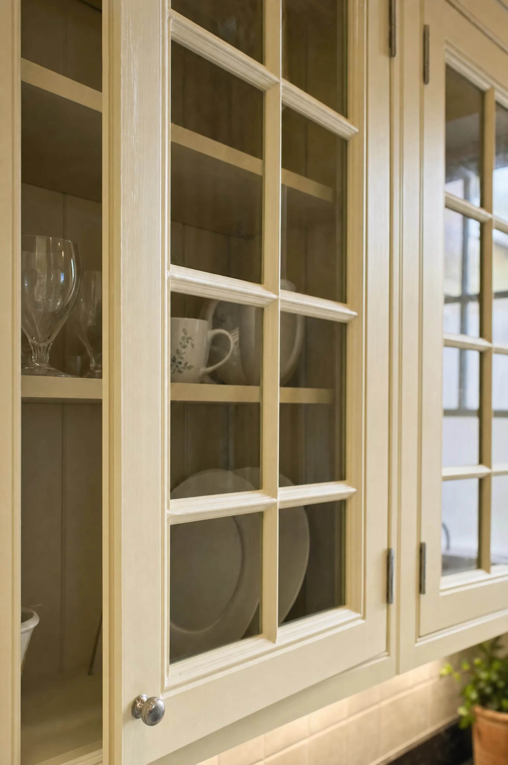 A glazed painted cabinet with plates and glasses ranged inside it