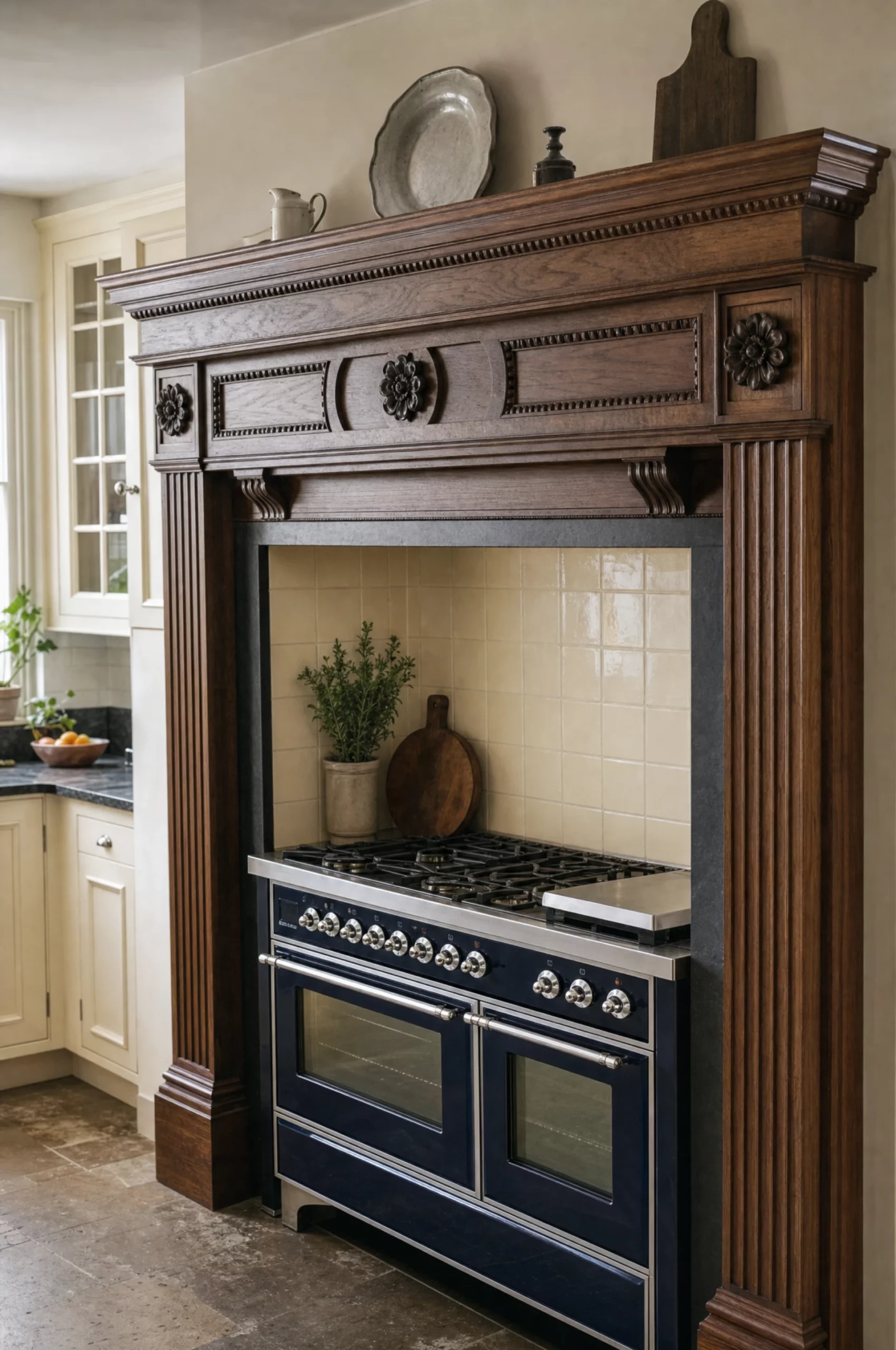 The carved oak chimneypiece, with roundels and fluted pilasters, framing the range