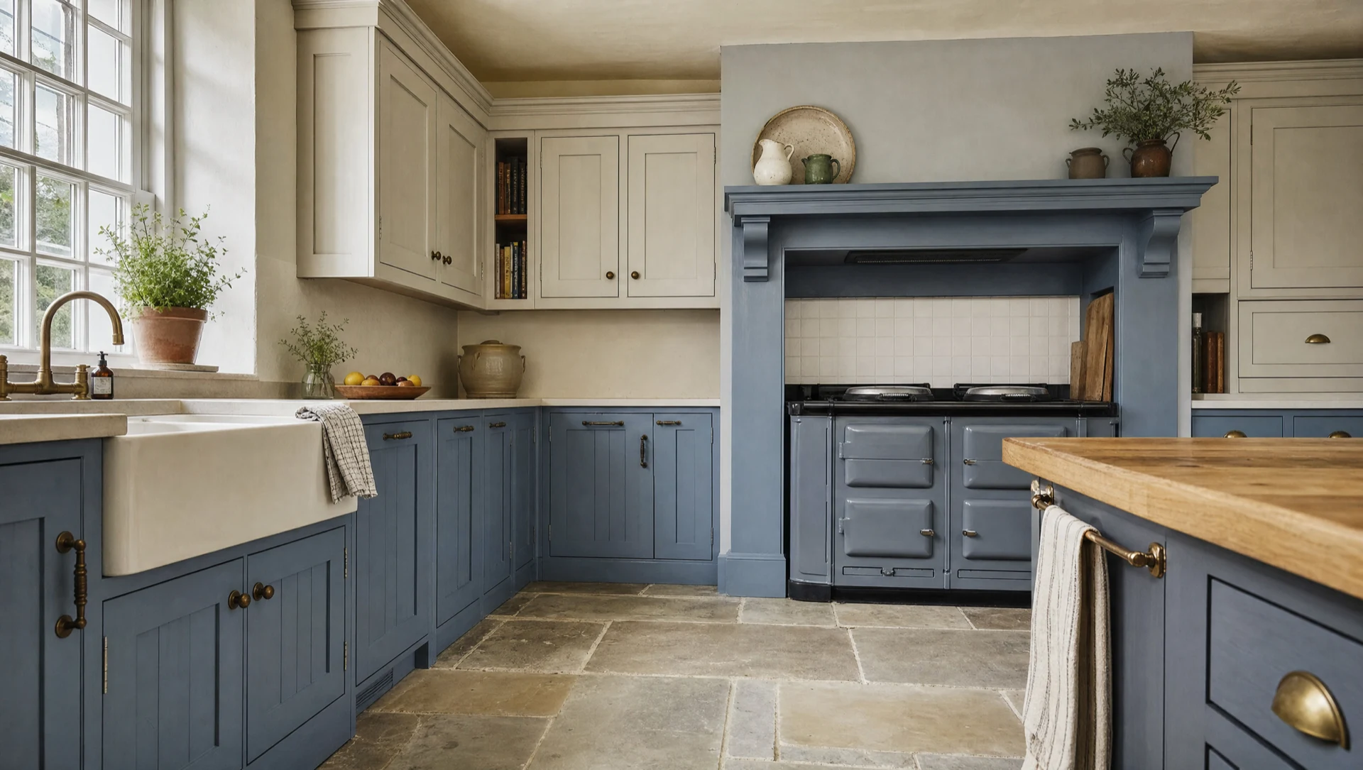 The room from the corner, blue-gray painted cabinets with an apron-front sink and the range in its mantel beyond