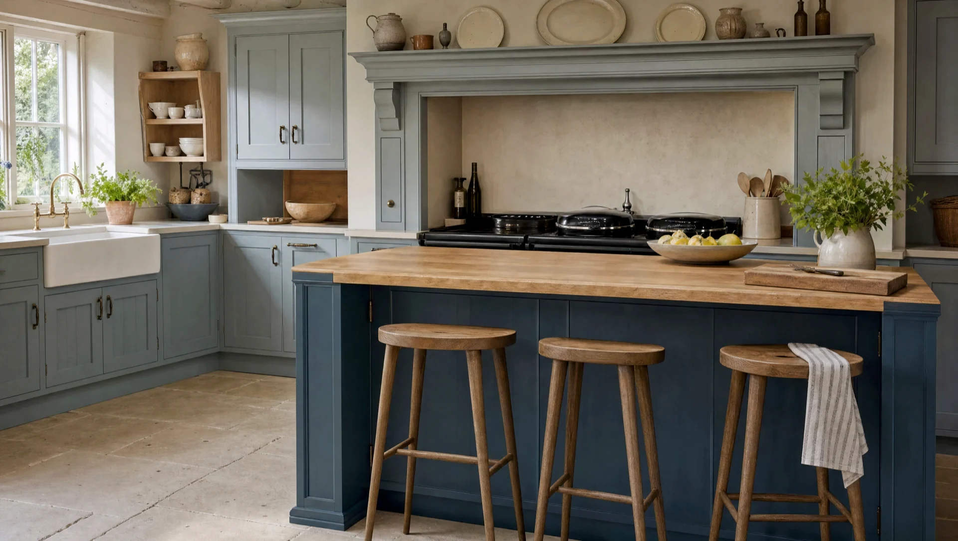 A painted island with stools drawn up to the end of it, the range wall behind