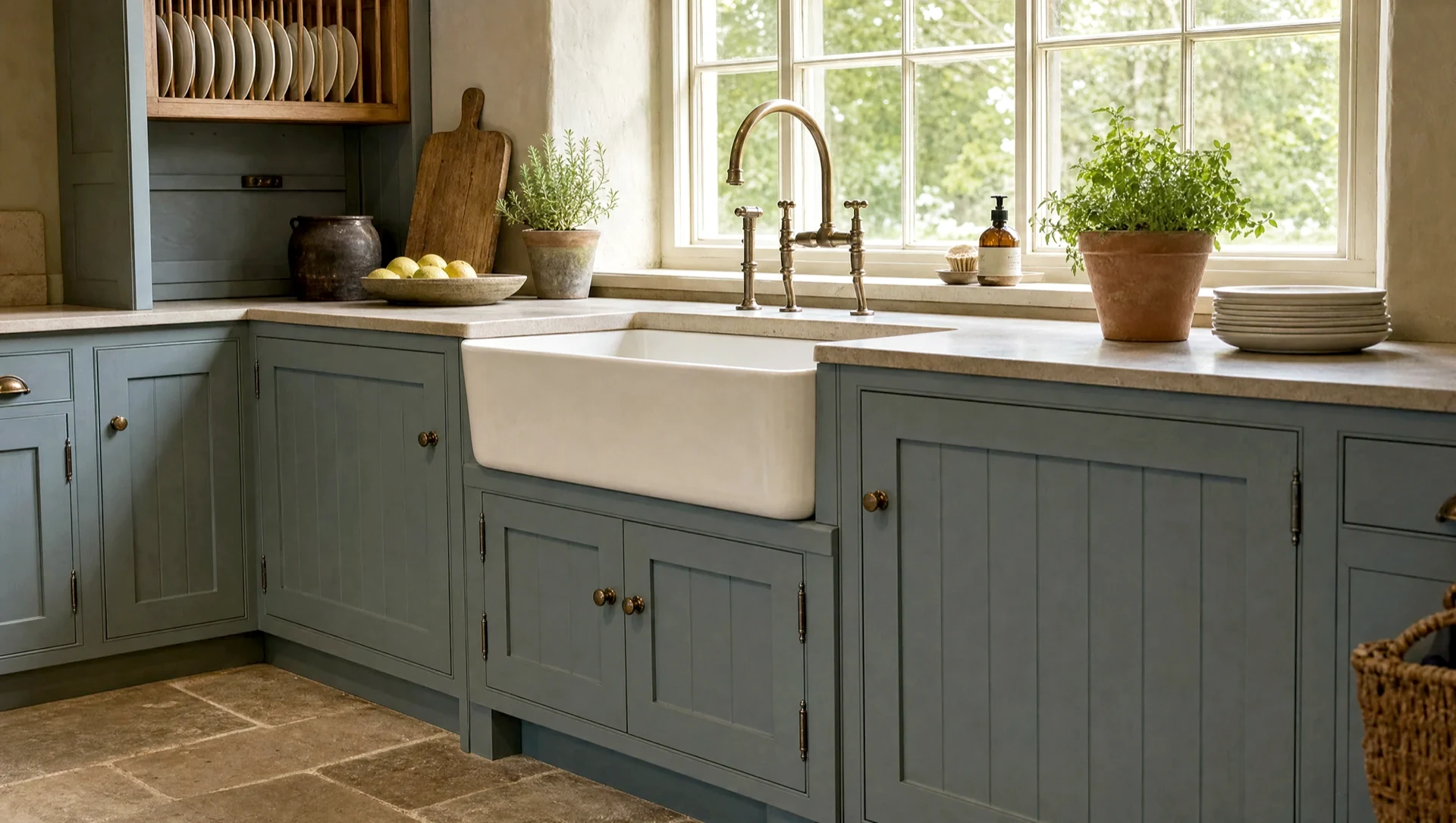 An apron-front sink set into the run under the window