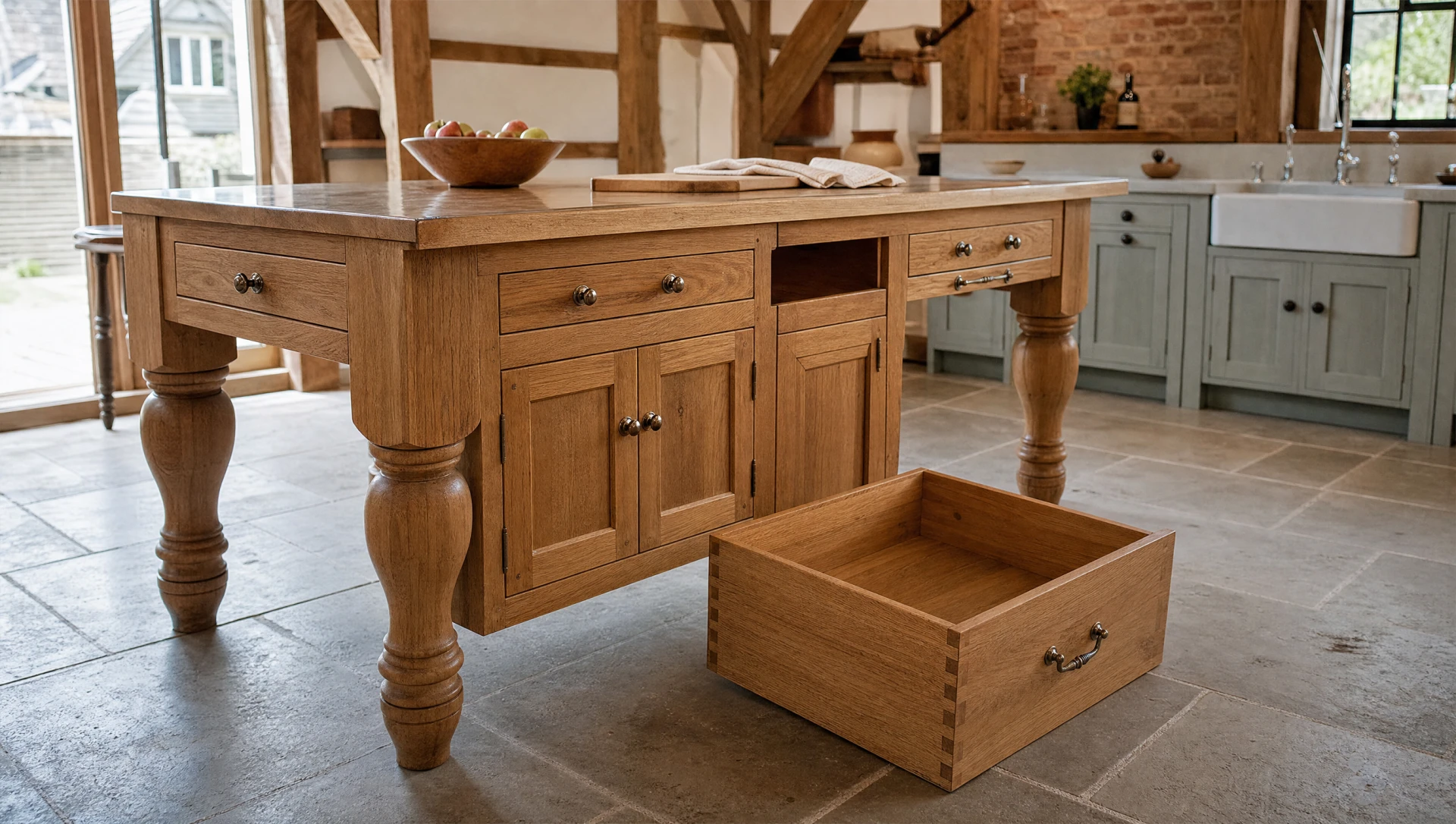 A drawer pulled out of the oak island to show the hand-cut dovetails in the drawer box