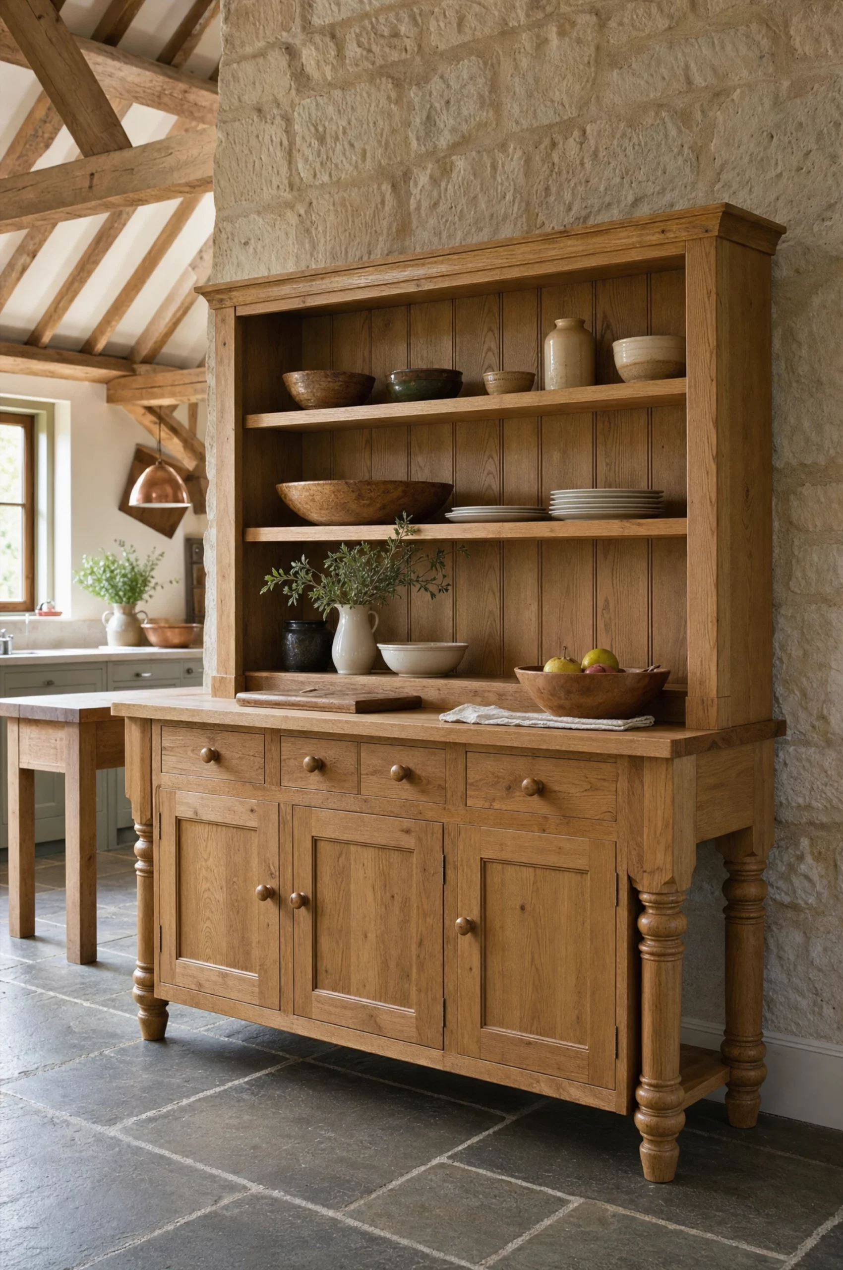 A tall oak dresser standing against a stone wall, china on the shelves