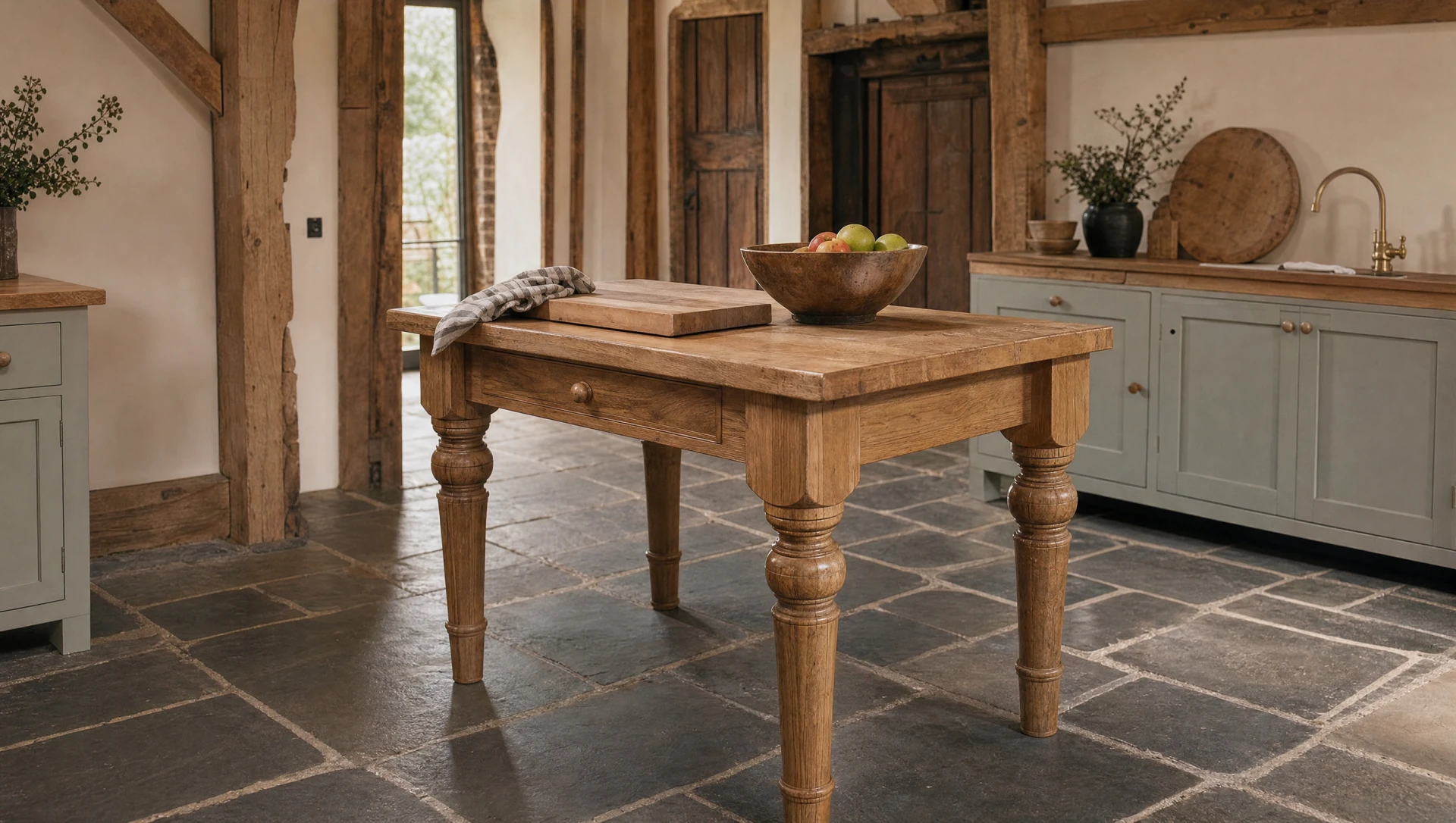 A small oak prep table standing free of the run
