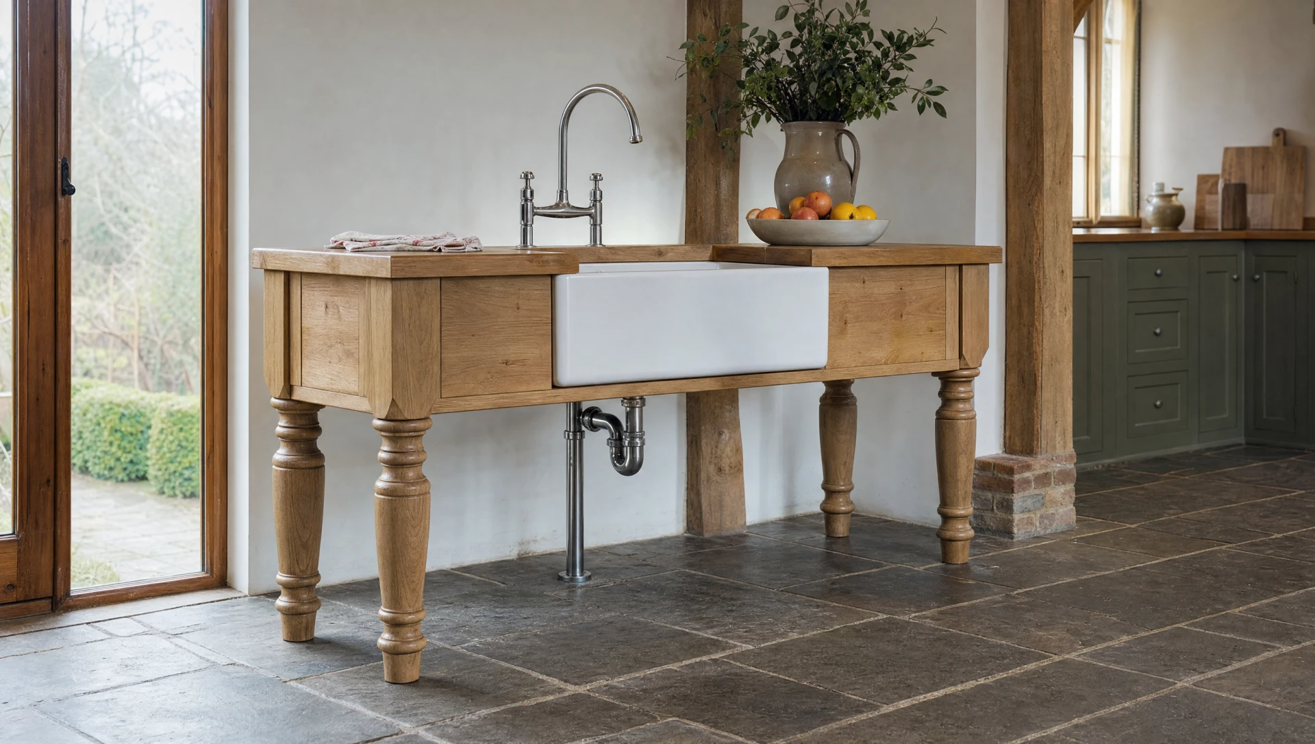 A freestanding oak sink stand carrying an apron-front sink