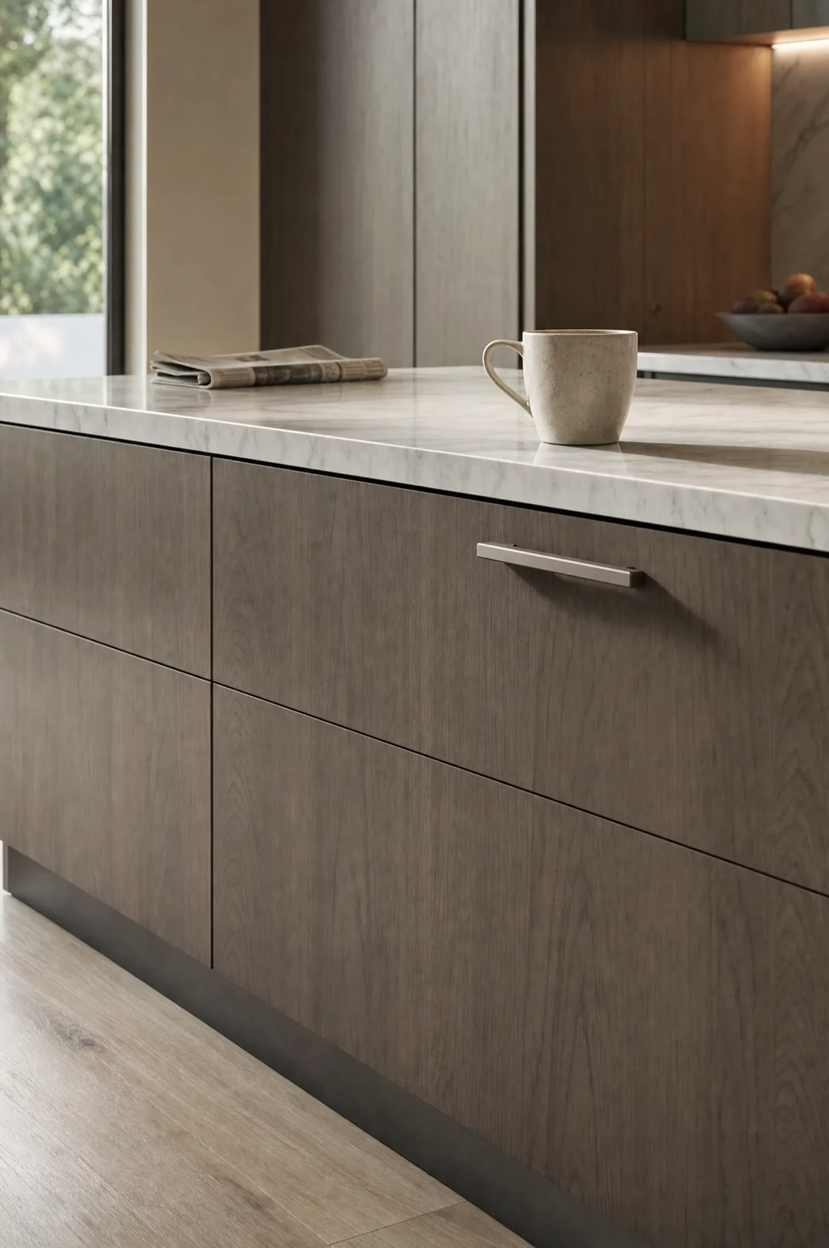 A drawer front with a slim recessed pull, the stone top above it