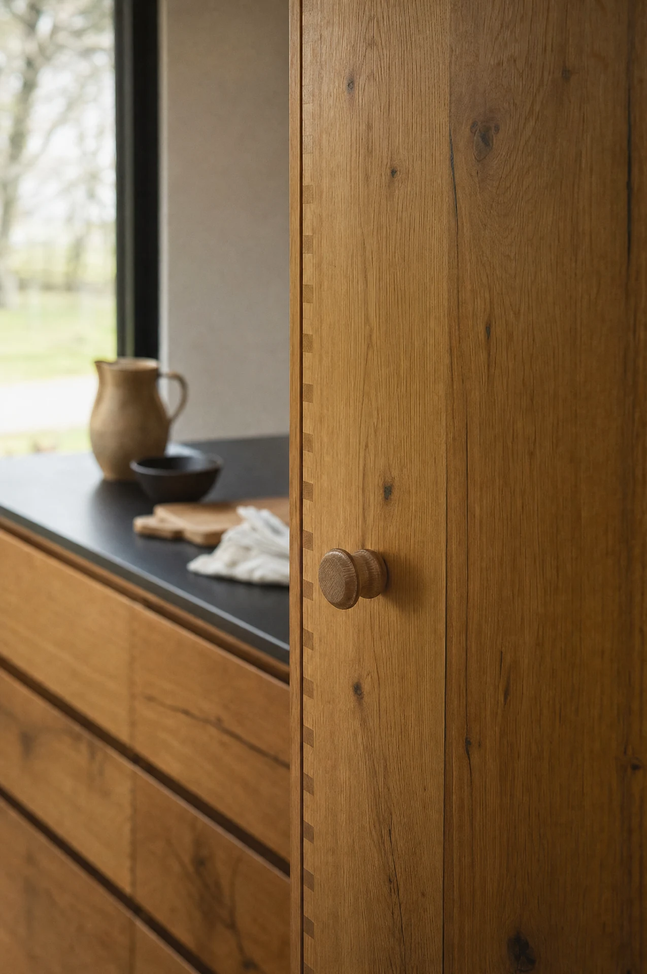 A tall oak larder door, close to, with a turned knob