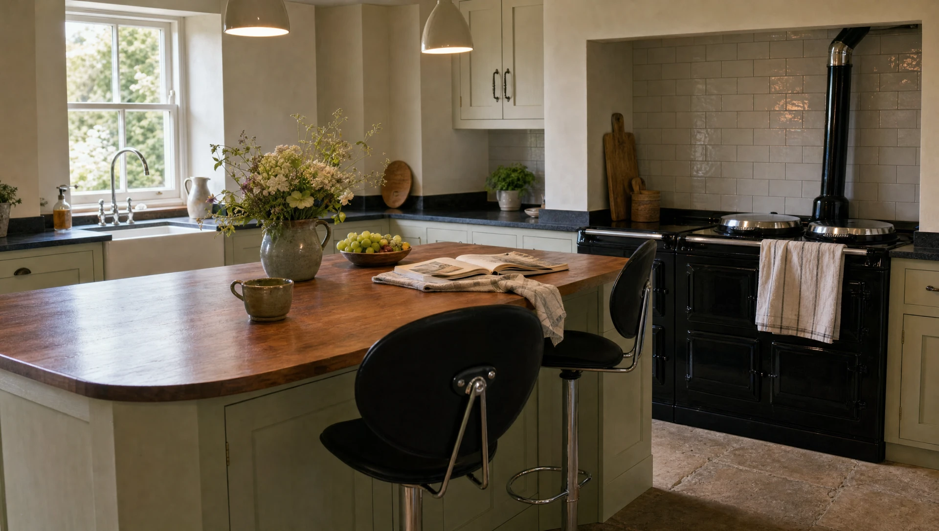 The end of the island where it runs out into a breakfast bar, with two stools drawn up to it